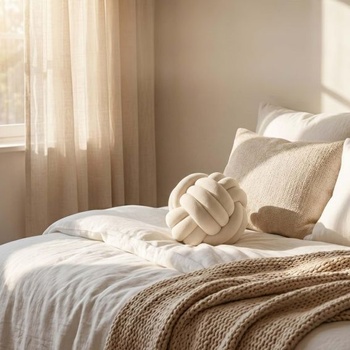 Relaxdays Viazaný vankúš, Viazaný vankúš na pohovku, posteľ, Dekoratívne, Béžová 1