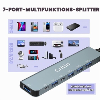7v1 USB-C Hub, USB 3.0 Multiport Splitter adaptér 7v1 USB-C Multiport Hub