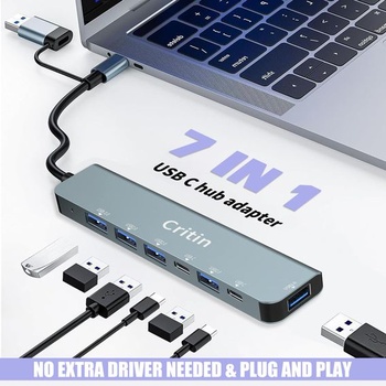 7v1 USB-C Hub, USB 3.0 Multiport Splitter adaptér 7v1 USB-C Multiport Hub