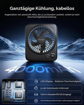 Tichý stolný ventilátor Otlonpe, dobíjací prenosný stolný ventilátor 4000 mAh, doba prevádzky 23