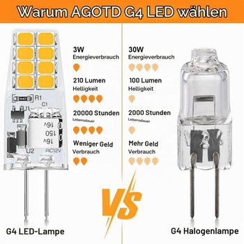 Žiarovka AGOTD G4 LED teplá biela, 3W LED, nahrádza 30W halogénovú žiarovku G4, 3000K, 210lm, 360°,