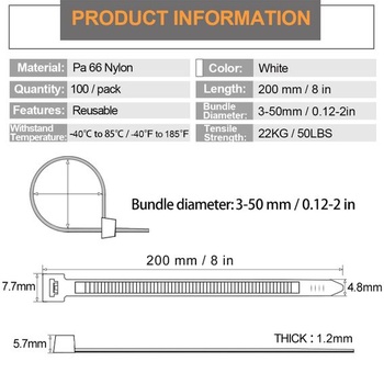 100 bielych sťahovacích pások 200x4,8 mm, znovuuzatvárateľné sťahovacie pásky odolné voči UV žiareniu