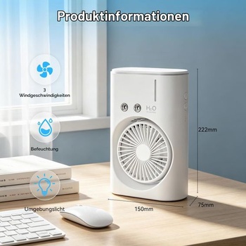 Stolní ventilátor s funkcí mlžení, dobíjecí mini ventilátor s 280ml nádržkou na vodu, 3 rychlosti