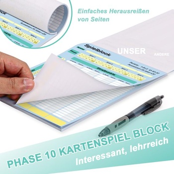 WANGDEFA 3dielny bodovací blok pre kartovú hru Phase 10. Číry fázový design. Bodovací blok formátu