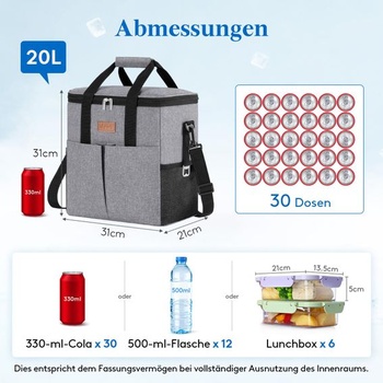 Lifewit Velká chladicí taška 20 l, Izolovaný chladicí box, Přenosná chladicí taška Šedá 20 l