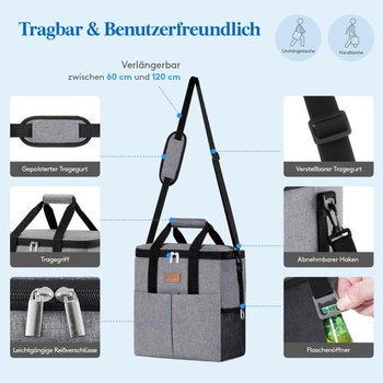 Lifewit Veľká chladiaca taška 20 l, Izolovaný chladiaci box, Prenosná chladiaca taška Šedá 20 l