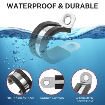 20x nerezové kabelové svorky 19 mm, pogumované, P-klipy s gumovou vložkou, nerezové, pro kabely,