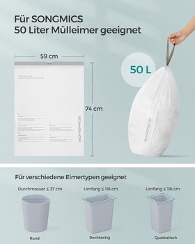 Odpadkové vrecia SONGMICS Heavy Duty, vrecia na odpad so sťahovacou šnúrkou do kuchynských košov, 50 l,