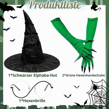 Kostým Horolam Elphaba, doplnky ku kostýmu zlej čarodejnice, čierny čarodejnícky klobúk s okuliarmi,