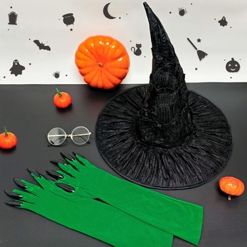 Kostým Horolam Elphaba, doplnky ku kostýmu zlej čarodejnice, čierny čarodejnícky klobúk s okuliarmi,