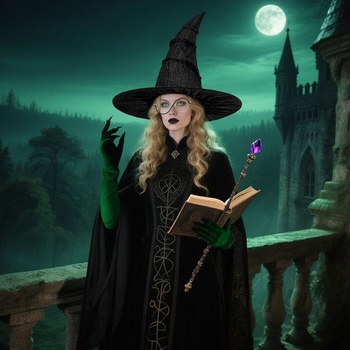 Kostým Horolam Elphaba, doplnky ku kostýmu zlej čarodejnice, čierny čarodejnícky klobúk s okuliarmi,