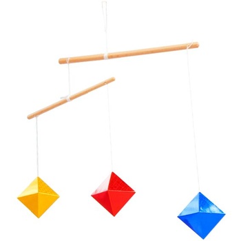 Geometrický osemstenný mobil rovnakej veľkosti, Montessori mobil, žltá, modrá, červená, drevená