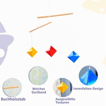 Geometrický osemstenný mobil rovnakej veľkosti, Montessori mobil, žltá, modrá, červená, drevená