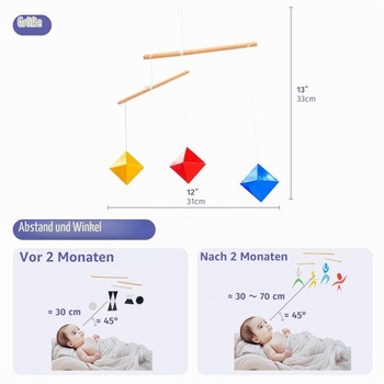 Geometrický osemstenný mobil rovnakej veľkosti, Montessori mobil, žltá, modrá, červená, drevená