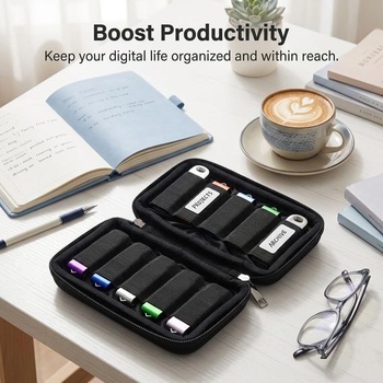 Puzdro na USB flash disk, čierny organizér na 10 flash diskov, puzdro na pamäťové karty, kompaktný