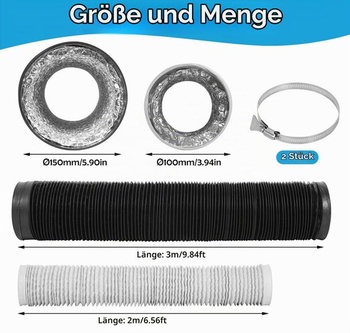 Výfuková hadica s priemerom 150 mm, dĺžka 3 m: výfuková rúrka 5,9 palca/150 mm, čierna, 0,15 m x 3 m