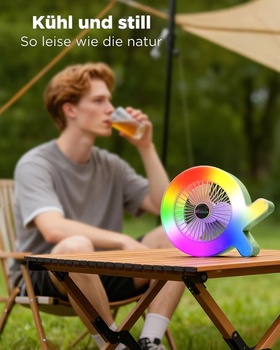 Stolný ventilátor 2 v 1 s RGB svetlom a dobíjacou batériou 2000 mAh, USB-C, 3 rýchlosti vetra a 5