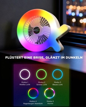 Stolný ventilátor 2 v 1 s RGB svetlom a dobíjacou batériou 2000 mAh, USB-C, 3 rýchlosti vetra a 5