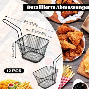 12 mini fritovacích košíkov, servírovacie košíky z nerezovej ocele, čierne