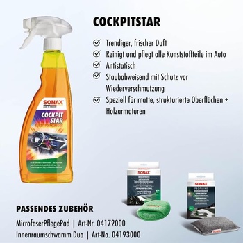 SONAX CockpitStar (750 ml) čistič kokpitu čistí a stará sa o všetky plastové diely v aute,