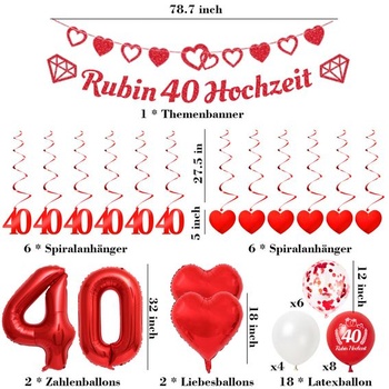 Dekorácia k výročiu rubínovej svadby, darčeky k 40. výročiu svadby - 25 kusov pre rubínovú svadbu