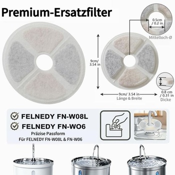 Filter do fontány pre mačky, 8 náhradných filtrov a 8 pumpovacích hubiek, balenie po 8 kusoch - 9 cm