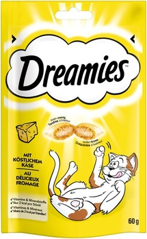 Mačacie maškrty Dreamies s príchuťou syra, balenie 6 kusov, 6 x 60 g – Chrumkavé zvonku a krémové vo vnútri.