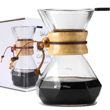 Kávovar Lalord Pour Over s nerezovým filtrom, kanvicou z borosilikátového skla, dreveným golierom,