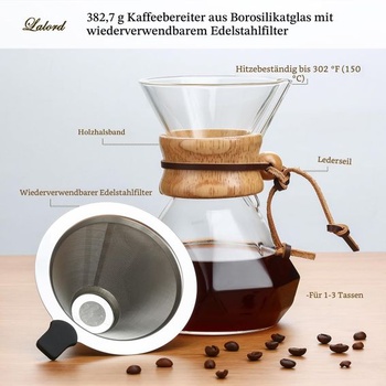 Kávovar Lalord Pour Over s nerezovým filtrom, kanvicou z borosilikátového skla, dreveným golierom,