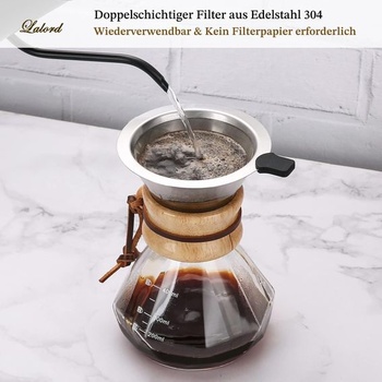 Kávovar Lalord Pour Over s nerezovým filtrom, kanvicou z borosilikátového skla, dreveným golierom,
