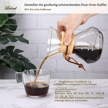 Kávovar Lalord Pour Over s nerezovým filtrom, kanvicou z borosilikátového skla, dreveným golierom,