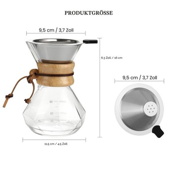 Kávovar Lalord Pour Over s nerezovým filtrom, kanvicou z borosilikátového skla, dreveným golierom,