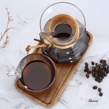 Kávovar Lalord Pour Over s nerezovým filtrom, kanvicou z borosilikátového skla, dreveným golierom,