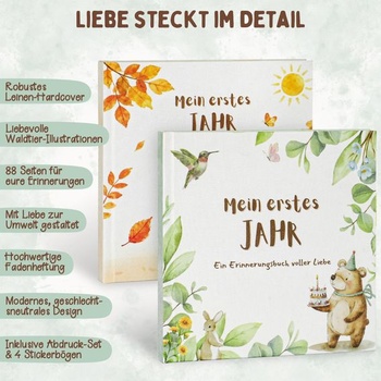 Detský denník Môj prvý rok, ľanový obal, detský album, 21×21 cm, zelený