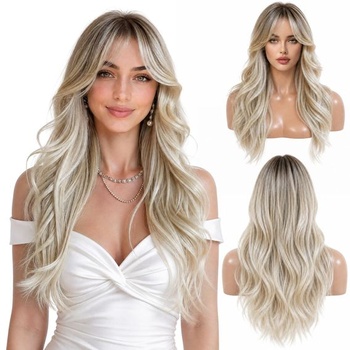 Pwsap Dlhé kučeravé blond parochne pre ženy Vlnité syntetické parochne Ombré blond