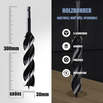 Vrták do dreva 30x300 mm, vrták do dreva pre mäkké a tvrdé drevo so strediacim hrotom a stopkou E 9,5