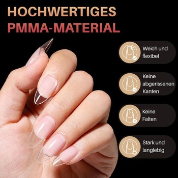 510 gelových nehtových tipů, mandlové, střední, 15 velikostí, polomatné PMMA nehtové tipy, s