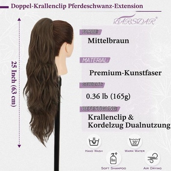 BARSDAR 63cm syntetický cop s dvojitým použitím, stredne hnedý, voľný vlnitý, stredne hnedý, 63cm