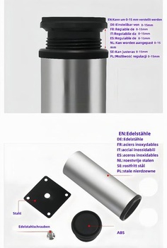 4 nastavitelné nábytkové nohy, výškově nastavitelné nohy (0-15 mm) - nerezová ocel (0,6 mm) - ABS
