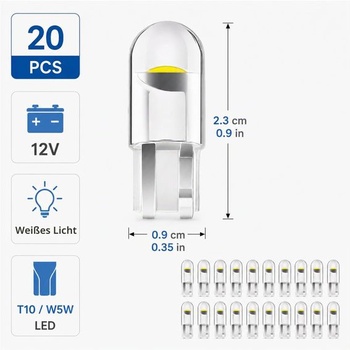 Balenie 20 žiaroviek do interiéru, W5W LED, 12V 501 biele svetlo, 8500K super ultra biele, vhodné pre