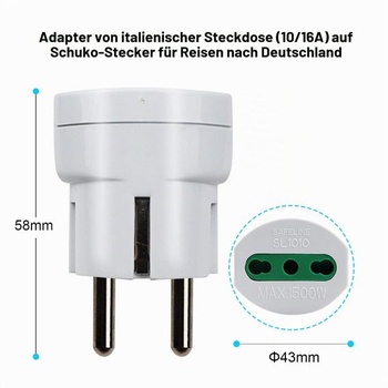 Sada 4 cestovních adaptérů EXTRASTAR pro Itálii, adaptér ze zásuvky Schuko (německá) do italské