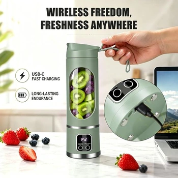 Přenosný mixér na smoothie, mini mixér na cesty 450 ml, dobíjecí, kelímek s LED displejem, 12 nožů,