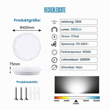 LED stropné svietidlo EXTRASTAR, Ø40cm okrúhly diamantový vzor, ​​36W 3820LM, 6500K studená biela, bez