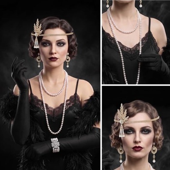 Doplňky AOOWU z 20. let, 7dílná sada doplňků z 20. let, doplňky Great Gatsby pro ženy s čelenkou