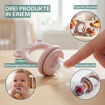 Dětská sada 3 dudlíků s ovocným krmítkem, miska na led, silikonová, bez BPA, růžová