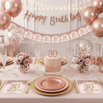 Ružové obrúsky k 30. narodeninám, 20 kusov, obrúsky Happy Birthday s diamantovým vzorom, dekorácie