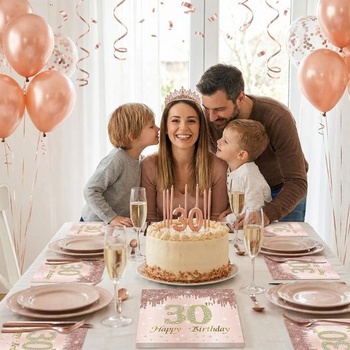 Ružové obrúsky k 30. narodeninám, 20 kusov, obrúsky Happy Birthday s diamantovým vzorom, dekorácie