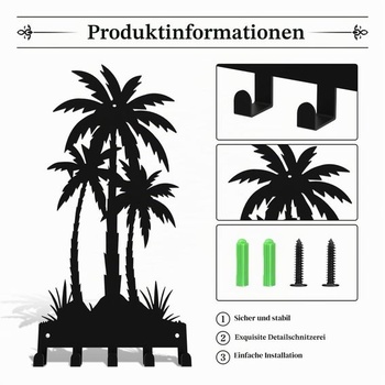 Čierny kovový držiak na kľúče na stenu, háčiky na kľúče s kokosovými palmami, nástenný držiak s 5 háčikmi,