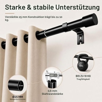 Čierna záclonová tyč s držiakmi, 84-290 cm