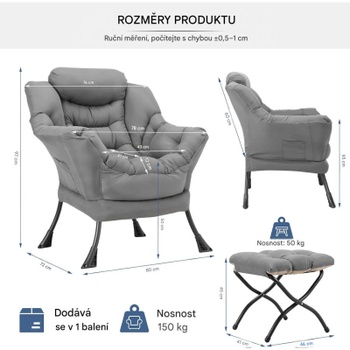 Relaxačné kreslo C01005B s opierkou nôh, 80 x 72 x 97 cm, sivá - N